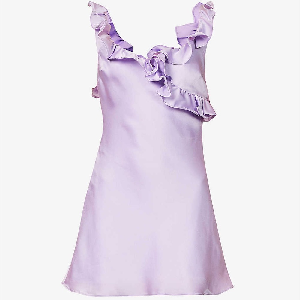 HOUSE OF CB Tink Flared Ruffle-Trim Satin Mini Dress Size Medium